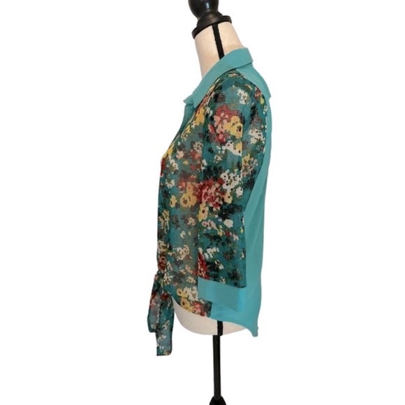 Western Top Button Up Turquoise Floral 3/4 Sleeve Open Back Beading Medium - Picture 4 of 7